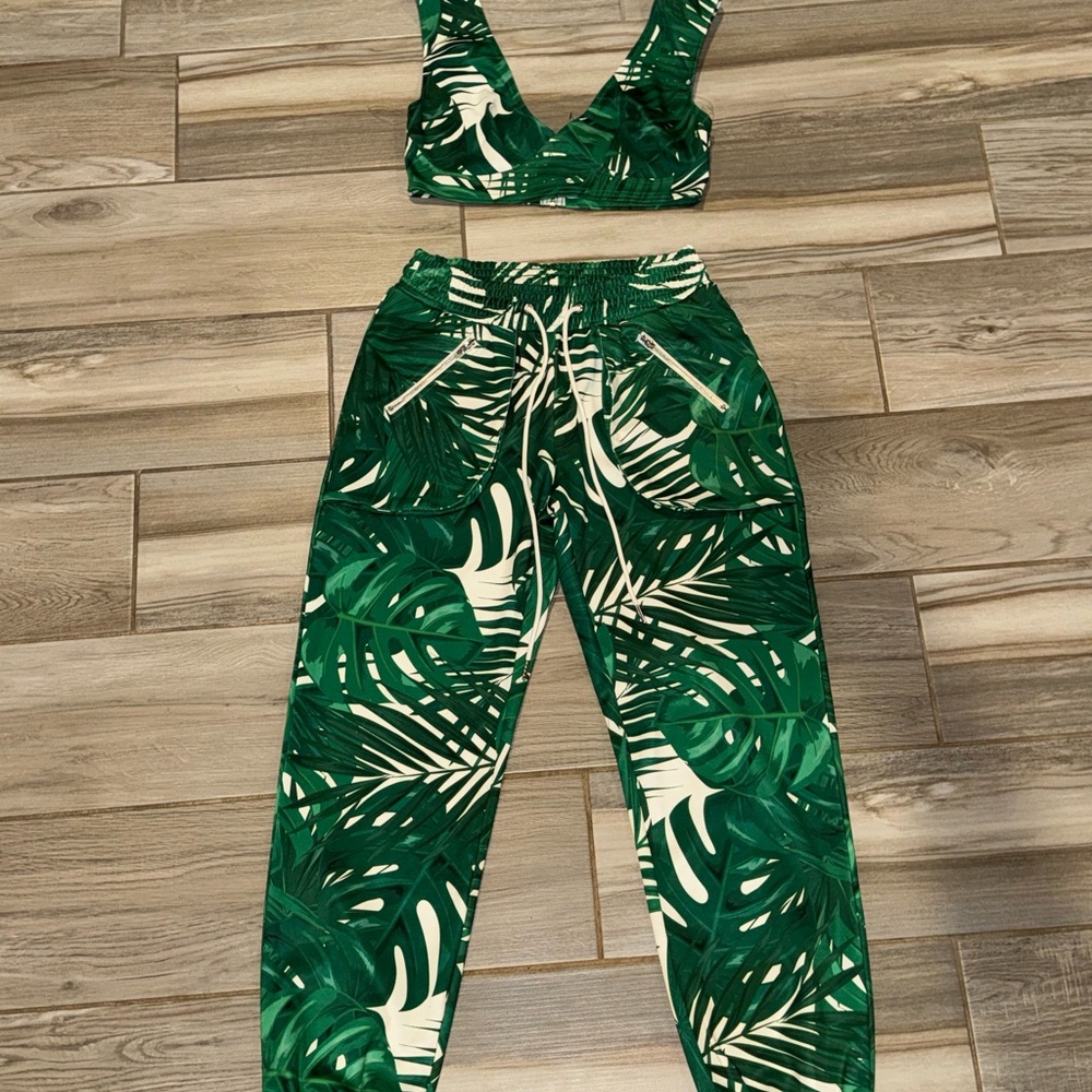 Tropical Green Leaf Print two piece
